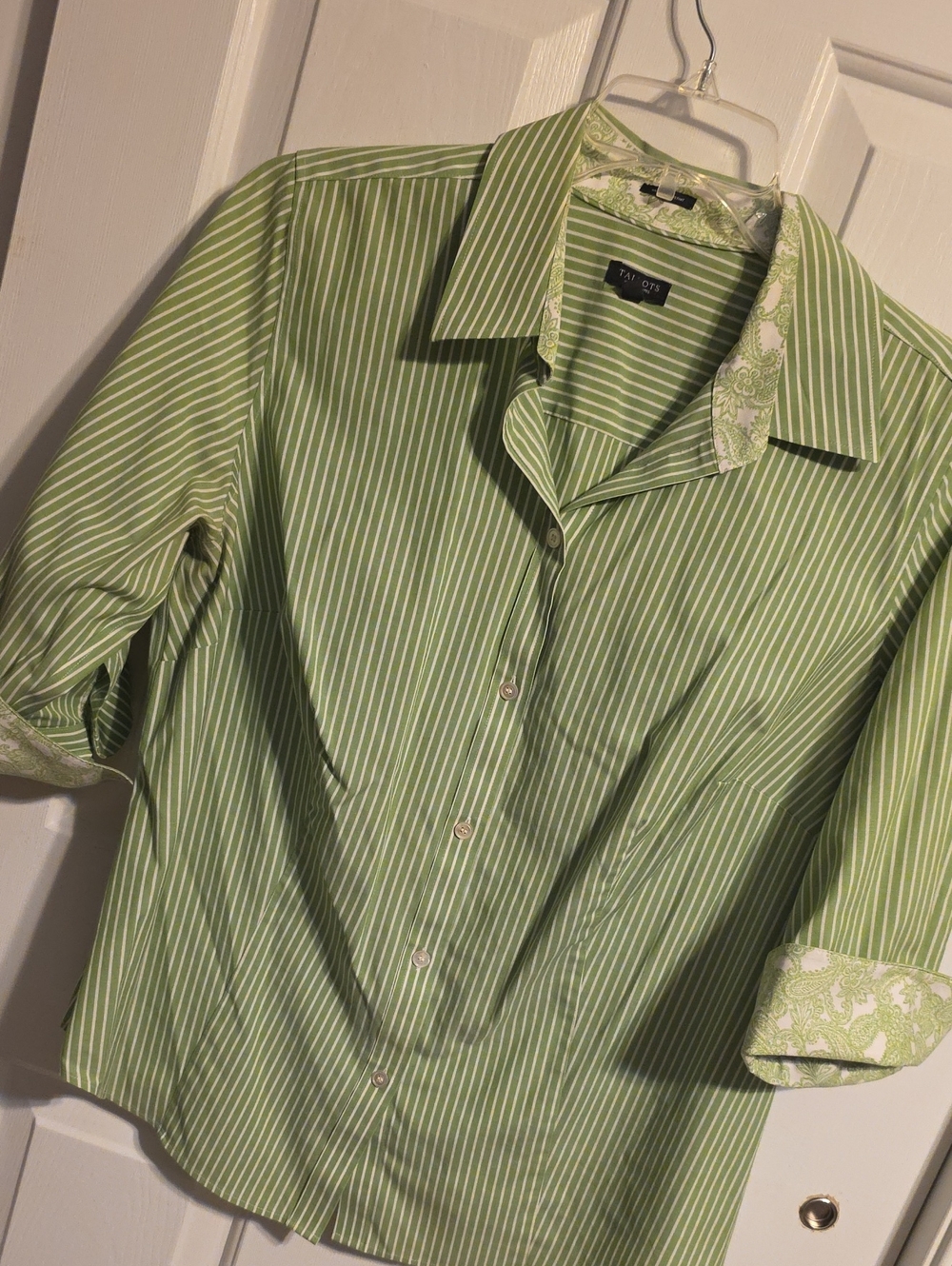 Talbots Light Green and White Striped Button-Down Shirt with Paisley Trim EUC